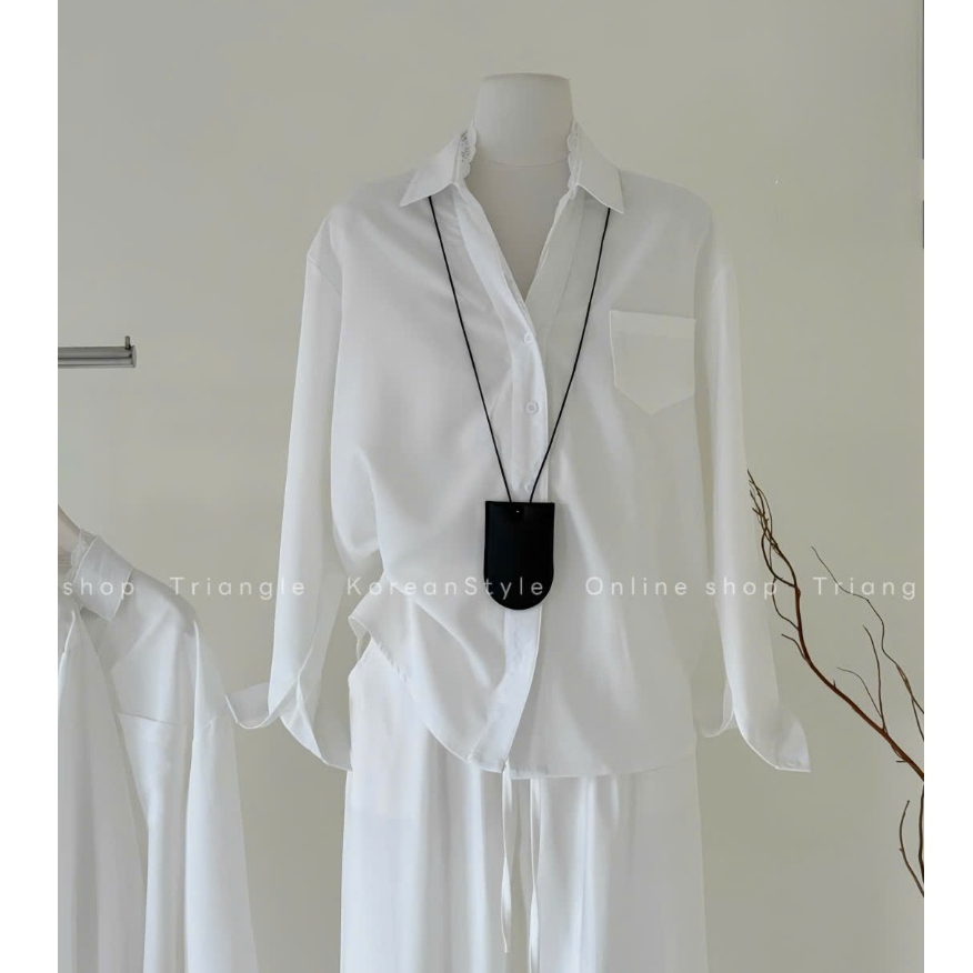Triangle - White lace shirt (Sale nốt, không hoàn)- Áo sơ mi vải đũi Hàn phối ren phong cách thanh lịch