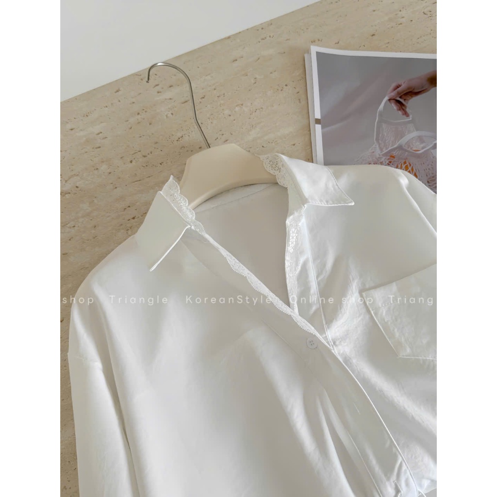Triangle - White lace shirt (Sale nốt, không hoàn)- Áo sơ mi vải đũi Hàn phối ren phong cách thanh lịch