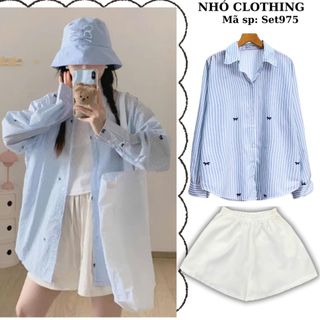 Set đồ bigsize nữ áo sơ mi kẻ sọc phom rộng phối quần đùi lưng chun co giãn thoải mái thoáng mát basic ngày hè - SET975