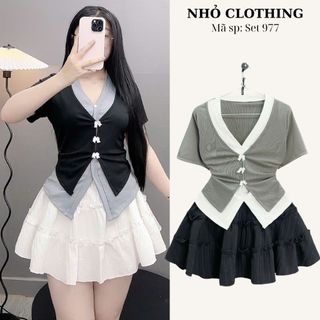 Set Bigsize Nữ bộ áo kiểu tay ngắn cổ tim thiết kế viền gắn nơ phối chân váy bèo tầng tôn dáng có quần bảo hộ - SET977
