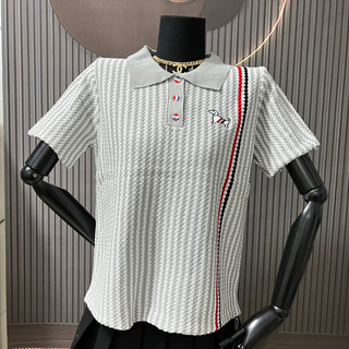 Áo len nữ cộc tay Thom cún kẻ sọc chất len dệt kim dày dặn cổ đức mã 909