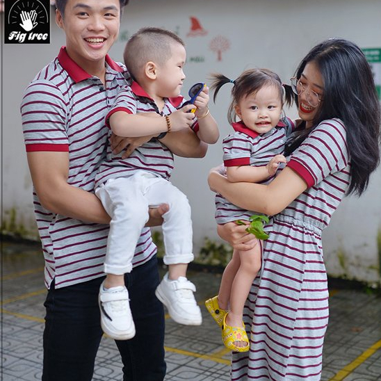 Set Áo Gia Đình Fig Tree Thun Polo Sọc Đỏ Xám Cotton Dày Dặn, Thoáng Mát, Năng Động Mùa Hè
