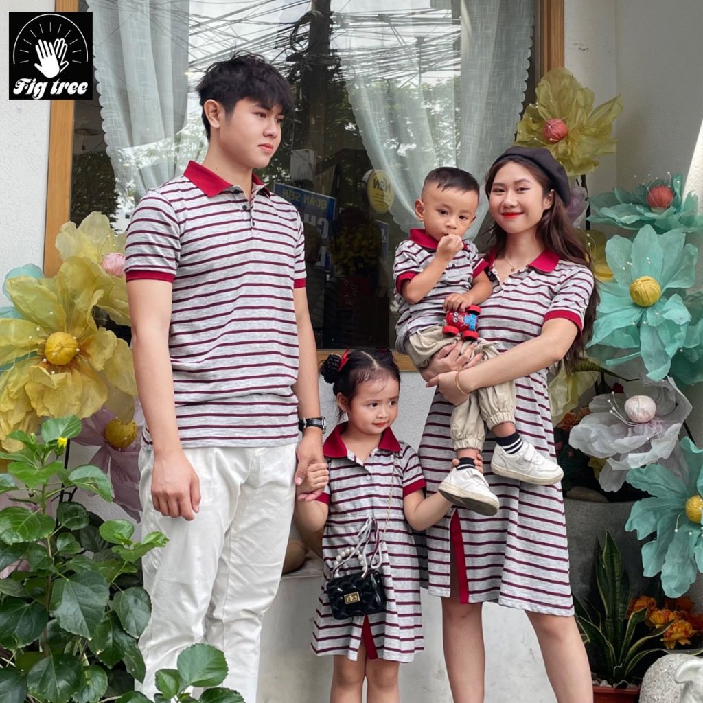 Set Áo Gia Đình Fig Tree Thun Polo Sọc Đỏ Xám Cotton Dày Dặn, Thoáng Mát, Năng Động Mùa Hè