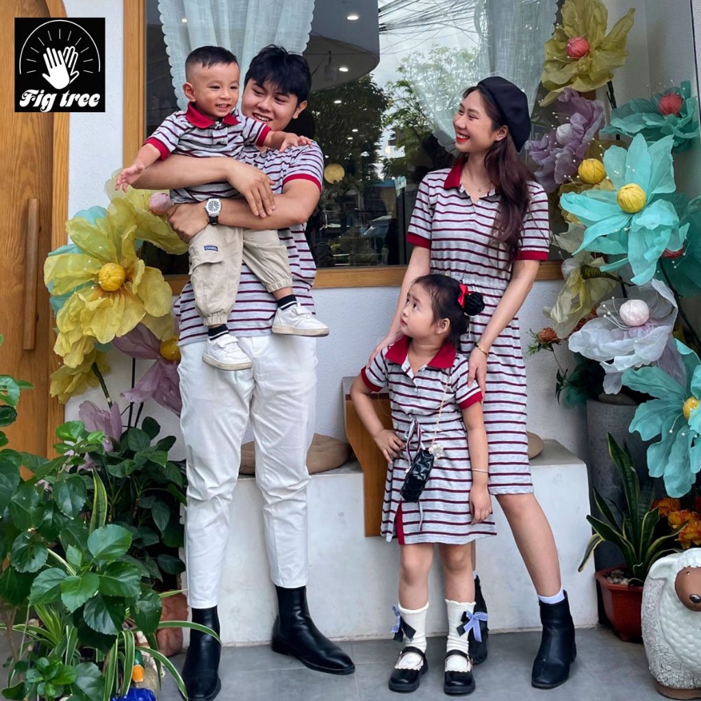 Set Áo Gia Đình Fig Tree Thun Polo Sọc Đỏ Xám Cotton Dày Dặn, Thoáng Mát, Năng Động Mùa Hè