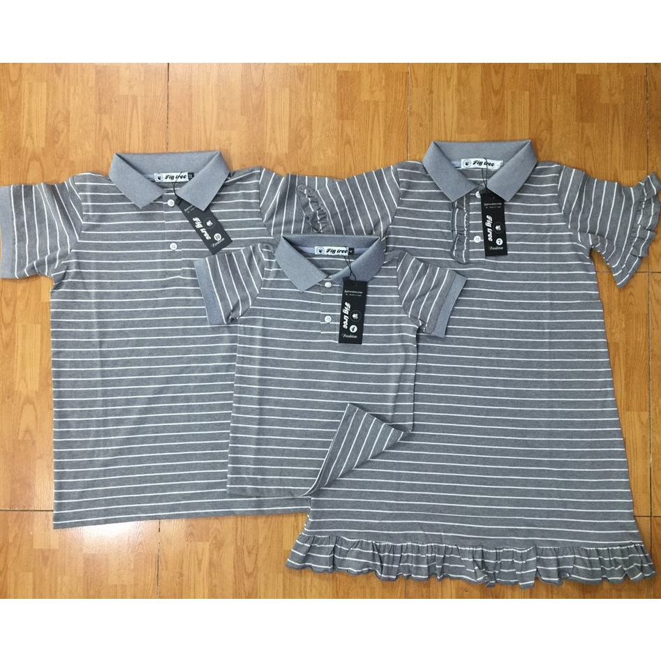 Combo Gia Đình Fig Tree Thun Polo Sọc Xám Ghi Cotton Mát Mẻ Cho Mùa Hè