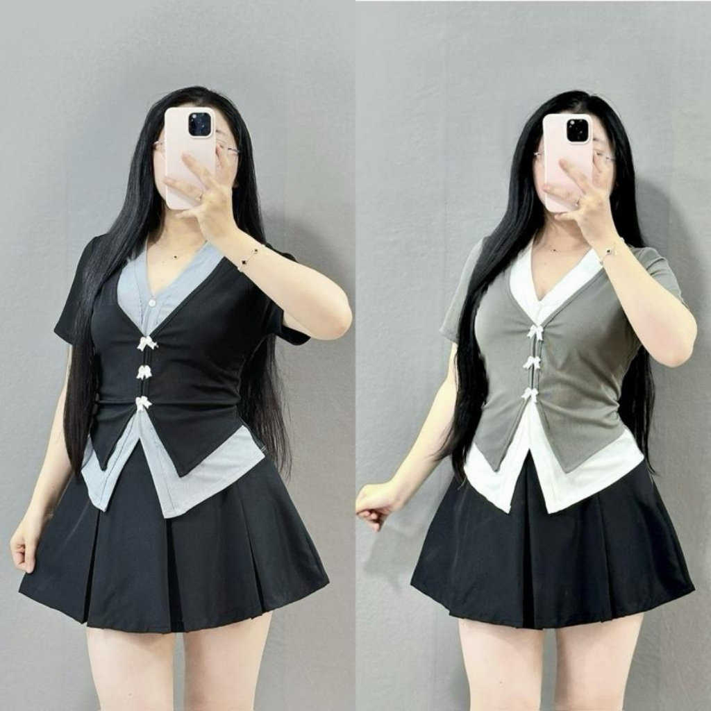 Ảnh Áo Thun Kiểu Bigsize Nữ Tay Ngắn Cổ Tim Co Giãn Giả 2 Lớp Dịu Dàng Cho Chubby 60-95kg A271 1