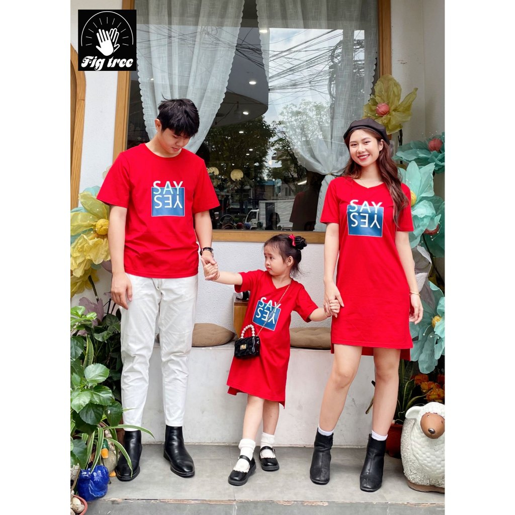 Set Đồ Gia Đình Thun Cotton Màu Đỏ Cổ Tròn, Áo Nam Váy Nữ, Vải Dày Dặn, Mềm Mát, Năng Động