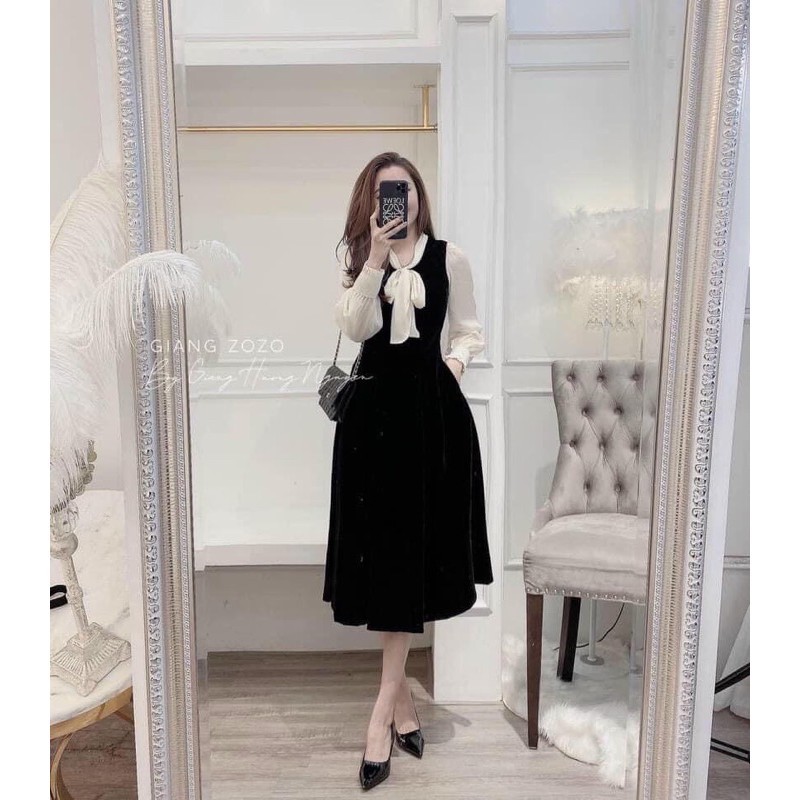 Váy tiểu thư dàng dài chất nhung xòe phối sơ mi voan thắt nơ to dài tay Đầm nữ công sở dự tiệc size S M L T608G