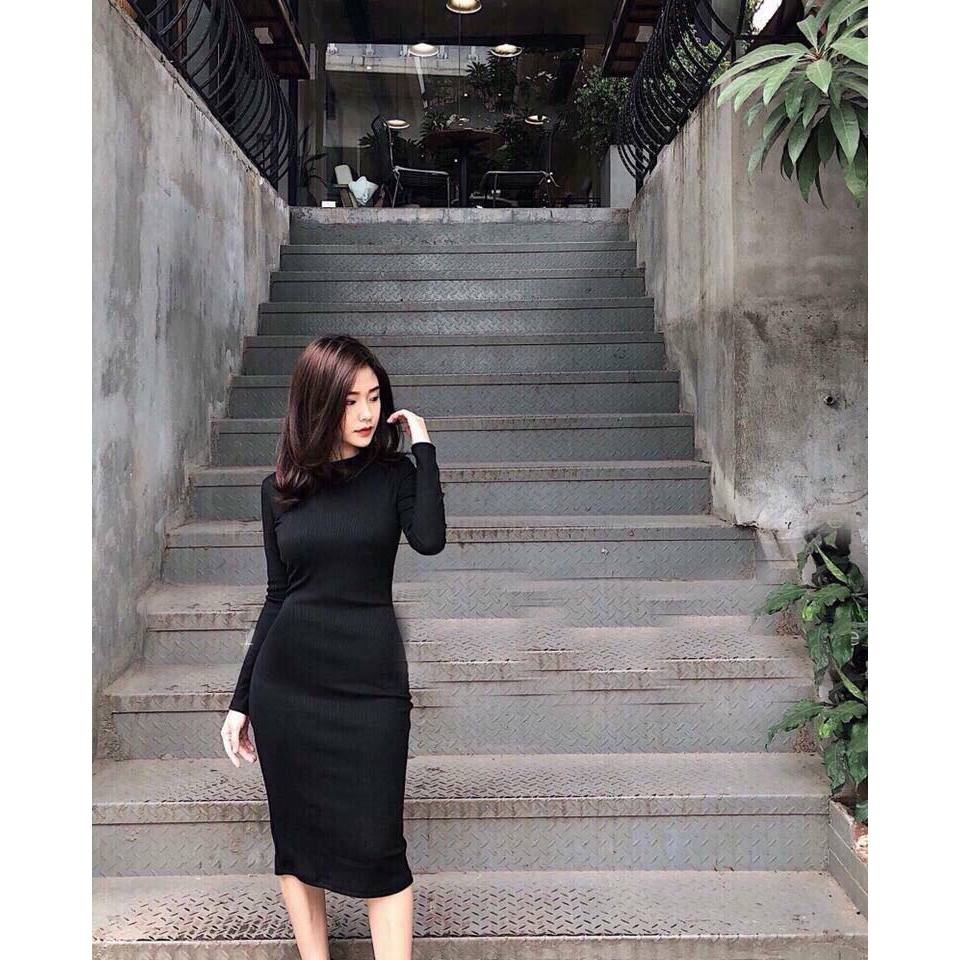 Váy ôm body dài tay cổ tròn dáng lỡ chất thun tăm đen xám basic Đầm len thu đông tôn dáng ulzzang đi chơi T599G