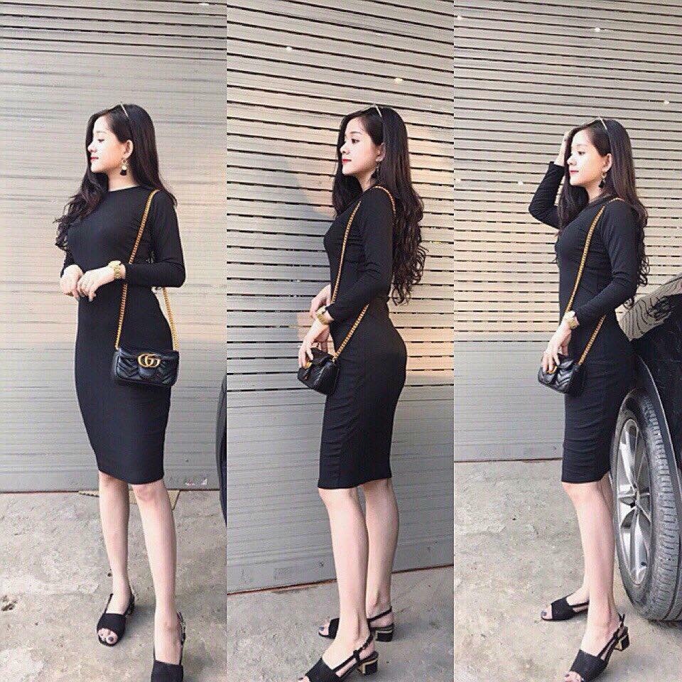 Váy ôm body dài tay cổ tròn dáng lỡ chất thun tăm đen xám basic Đầm len thu đông tôn dáng ulzzang đi chơi T599G