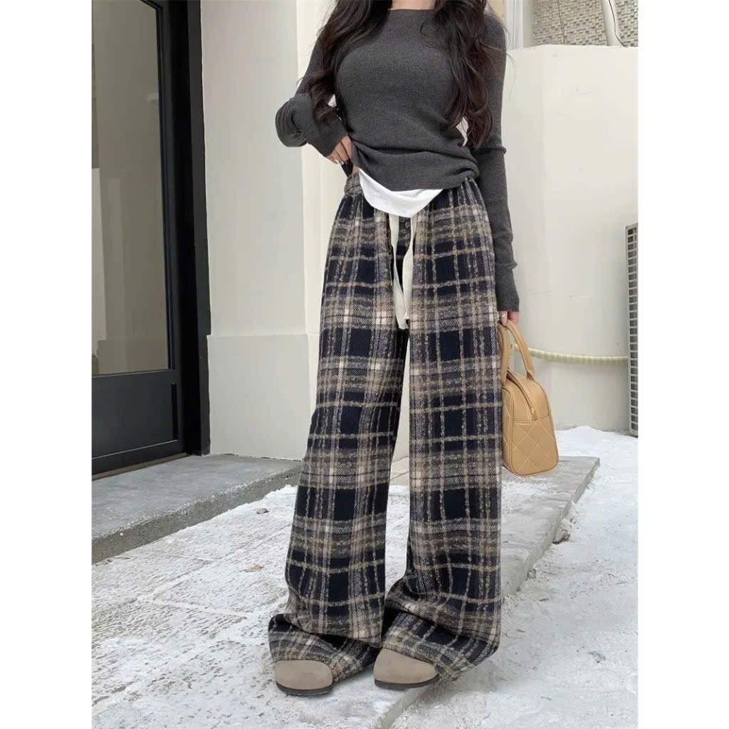 Quần ống rộng nam nữ kẻ caro dây rút chất dạ Quần dài ống suông thu đông sọc ô unisex đi học đi chơi noel T559G
