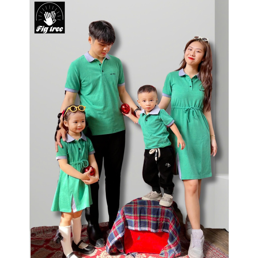 Set Gia Đình Fig Tree Thun Polo Màu Xanh Cốm Tươi Sáng Đón Hè, Chất Vải Dày Dặn, Co giãn, Nhiều size