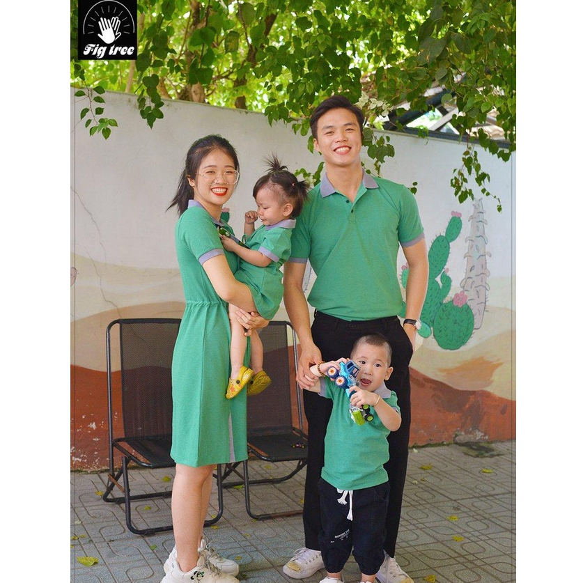 Set Gia Đình Fig Tree Thun Polo Màu Xanh Cốm Tươi Sáng Đón Hè, Chất Vải Dày Dặn, Co giãn, Nhiều size