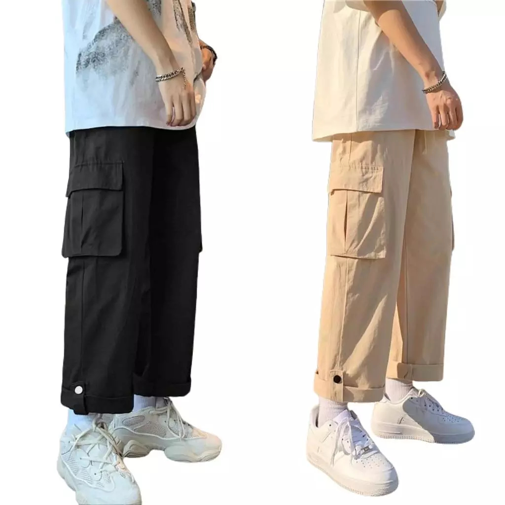 Quần ống rộng kaki túi hộp gập gấu cá tính Quần suông cạp chun dây rút be đen unsex nam nữ basic đi học đi chơi T769G