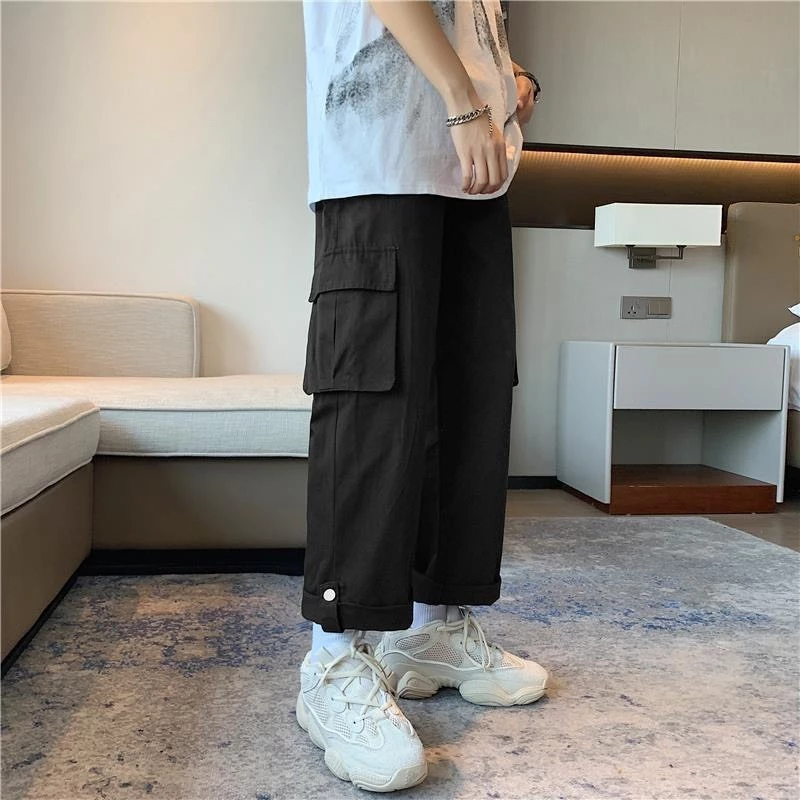 Quần ống rộng kaki túi hộp gập gấu cá tính Quần suông cạp chun dây rút be đen unsex nam nữ basic đi học đi chơi T769G
