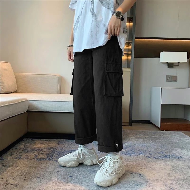 Quần ống rộng kaki túi hộp gập gấu cá tính Quần suông cạp chun dây rút be đen unsex nam nữ basic đi học đi chơi T769G