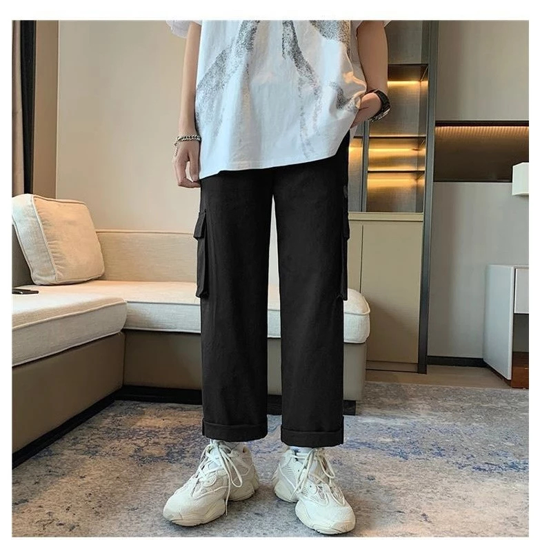 Quần ống rộng kaki túi hộp gập gấu cá tính Quần suông cạp chun dây rút be đen unsex nam nữ basic đi học đi chơi T769G