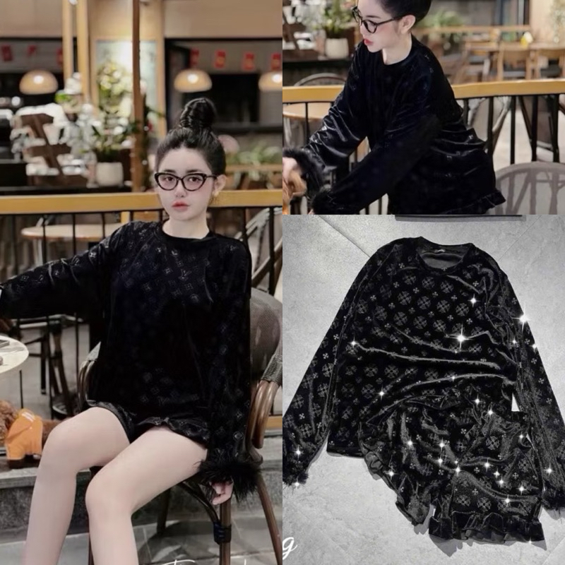L050- sét bộ nhung loang in hoạ tiết hoa tay lông, áo form to tay dài đính lông, phối quần đùi ngắn (40-60kg)