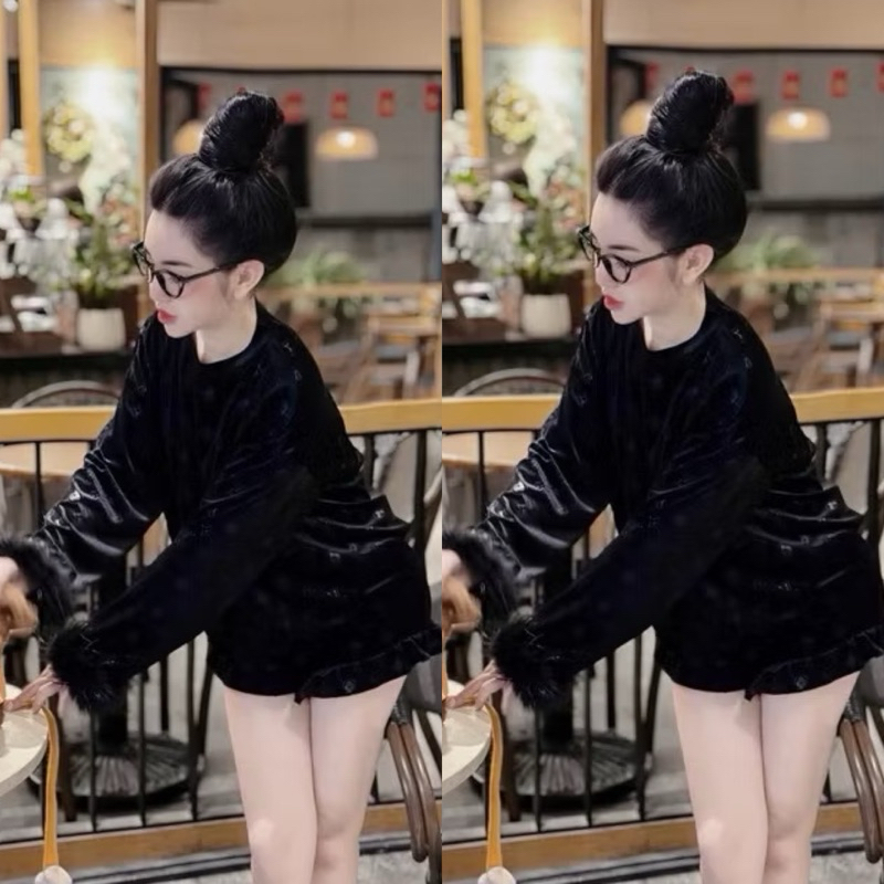 L050- sét bộ nhung loang in hoạ tiết hoa tay lông, áo form to tay dài đính lông, phối quần đùi ngắn (40-60kg)