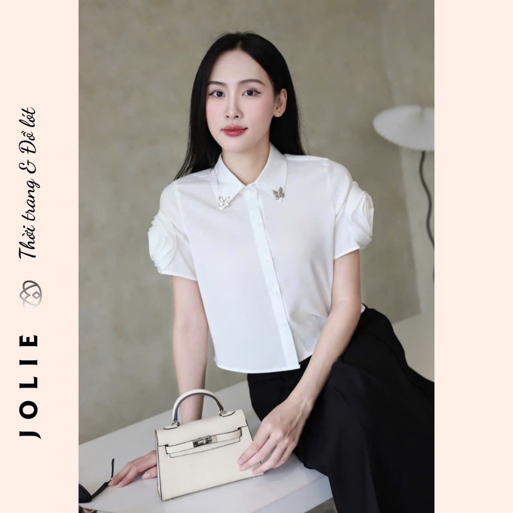 Sơ Mi Lụa Đính Đá Dáng Ngắn Tay Hoa Tinh Tế Thời Trang JOLIE