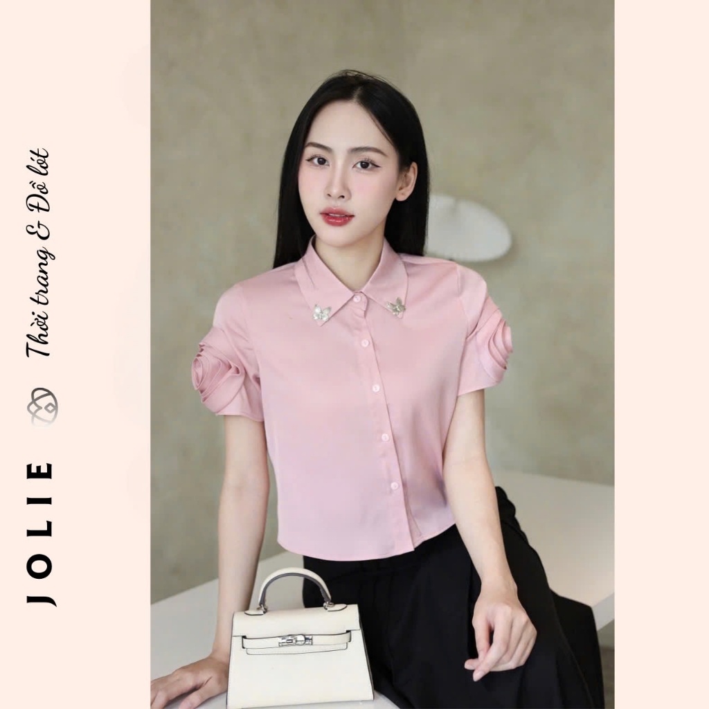 Sơ Mi Lụa Đính Đá Dáng Ngắn Tay Hoa Tinh Tế Thời Trang JOLIE
