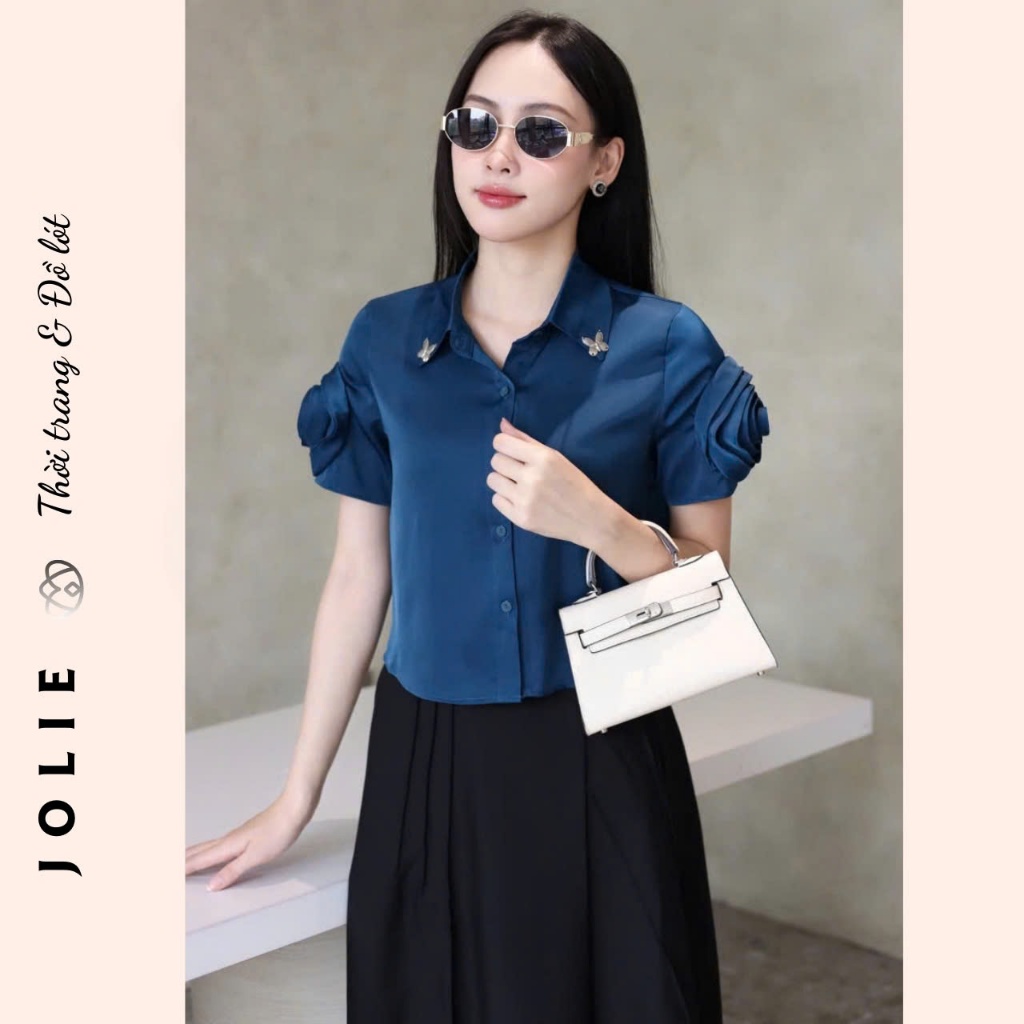 Sơ Mi Lụa Đính Đá Dáng Ngắn Tay Hoa Tinh Tế Thời Trang JOLIE