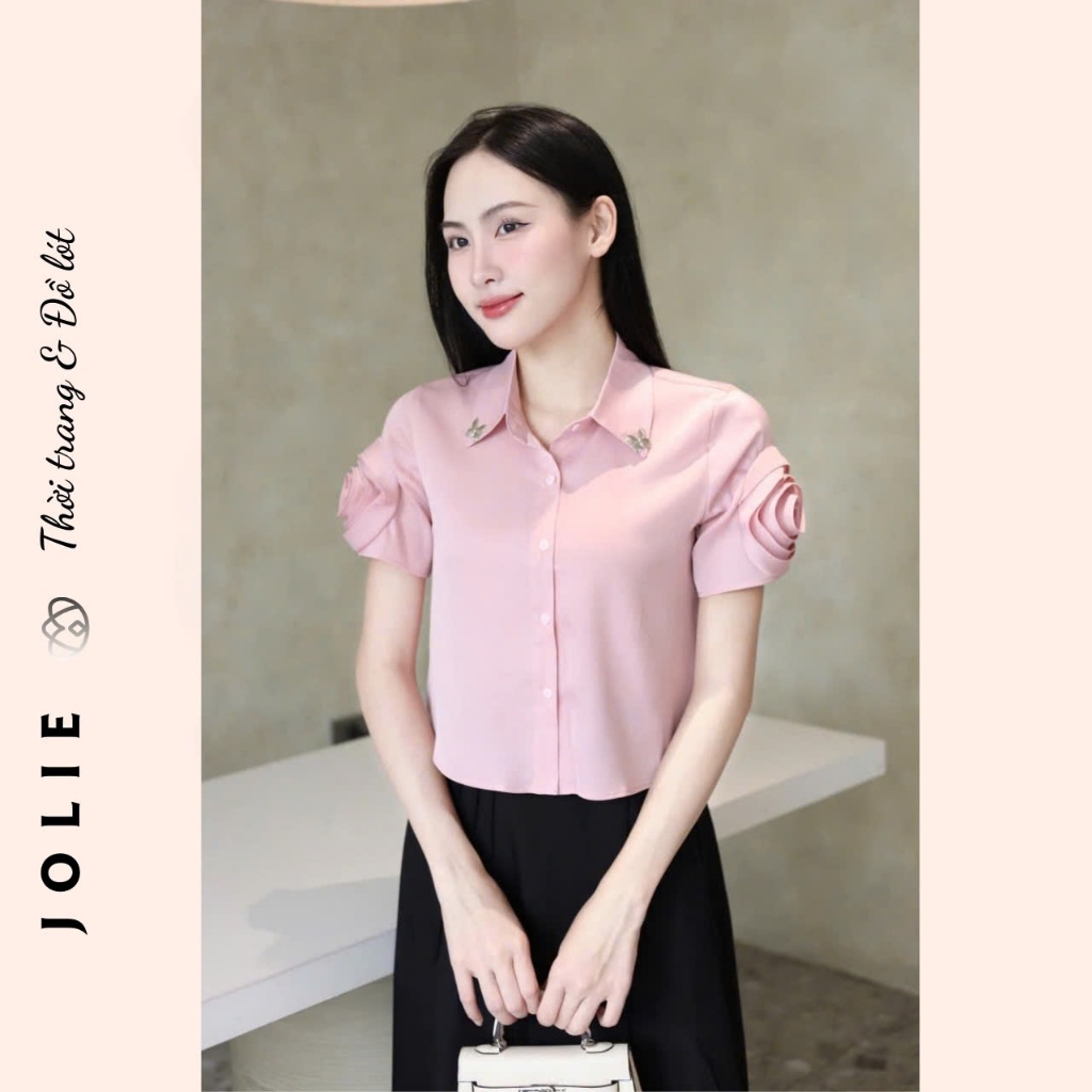 Sơ Mi Lụa Đính Đá Dáng Ngắn Tay Hoa Tinh Tế Thời Trang JOLIE
