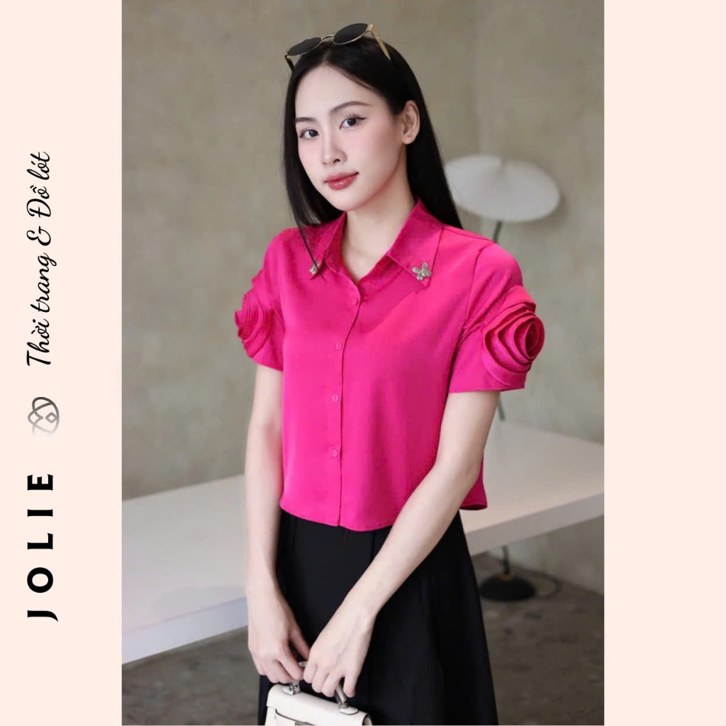 Sơ Mi Lụa Đính Đá Dáng Ngắn Tay Hoa Tinh Tế Thời Trang JOLIE