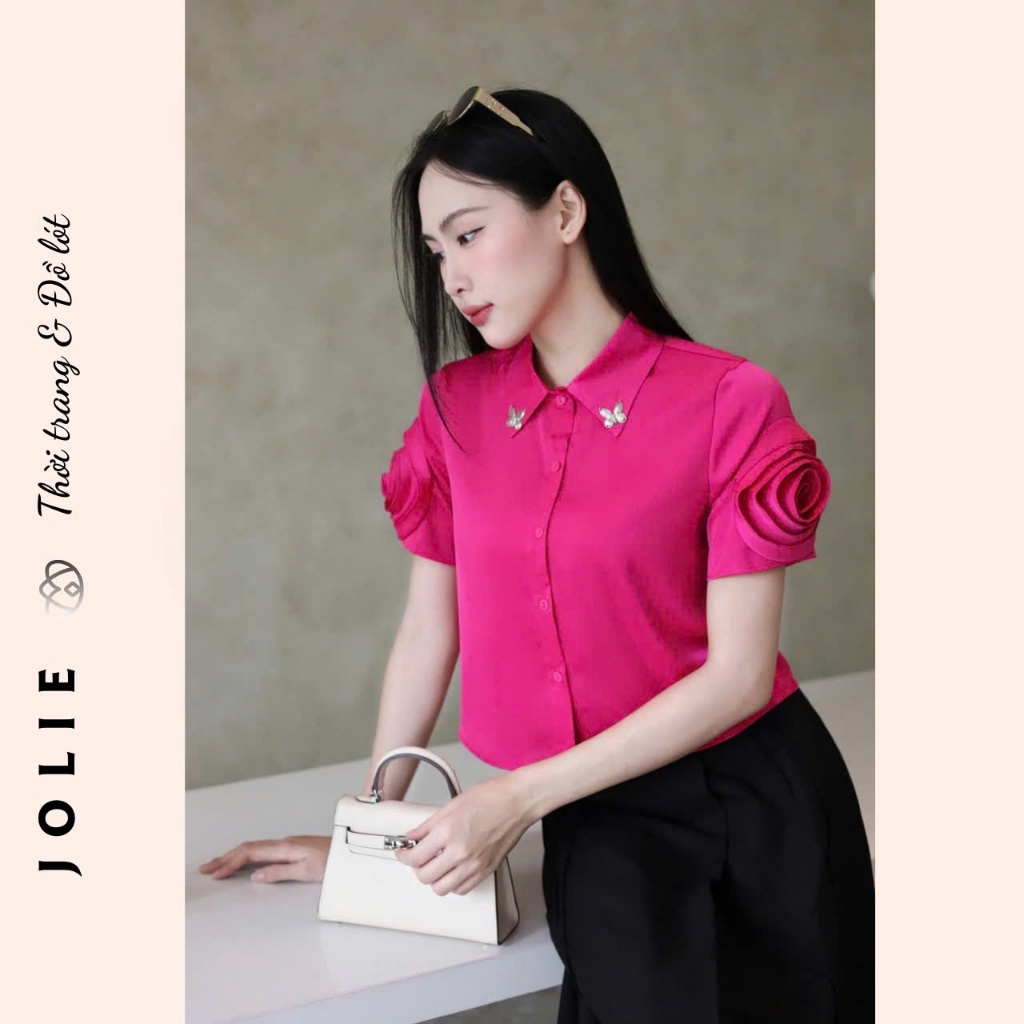 Sơ Mi Lụa Đính Đá Dáng Ngắn Tay Hoa Tinh Tế Thời Trang JOLIE