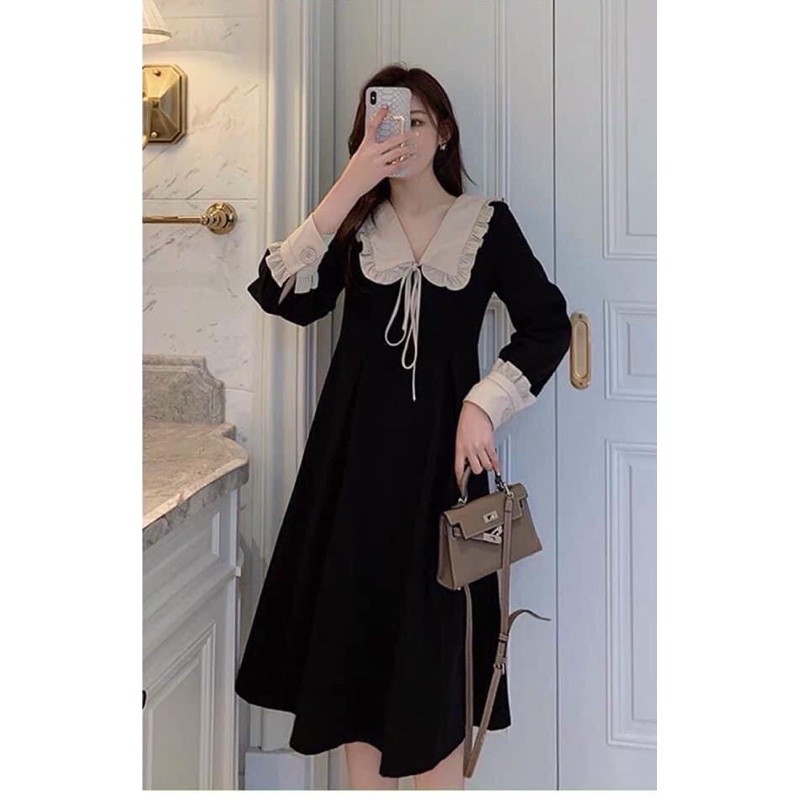 Váy tiểu thư dáng dài cổ sen bèo dây thắt nơ dài tay dáng xòe vintage nữ tính Đầm nữ sang trọng T607G