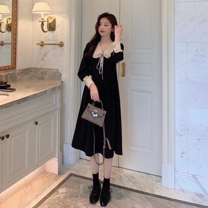 Váy tiểu thư dáng dài cổ sen bèo dây thắt nơ dài tay dáng xòe vintage nữ tính Đầm nữ sang trọng T607G
