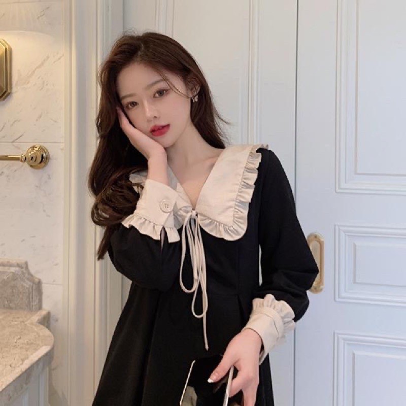 Váy tiểu thư dáng dài cổ sen bèo dây thắt nơ dài tay dáng xòe vintage nữ tính Đầm nữ sang trọng T607G