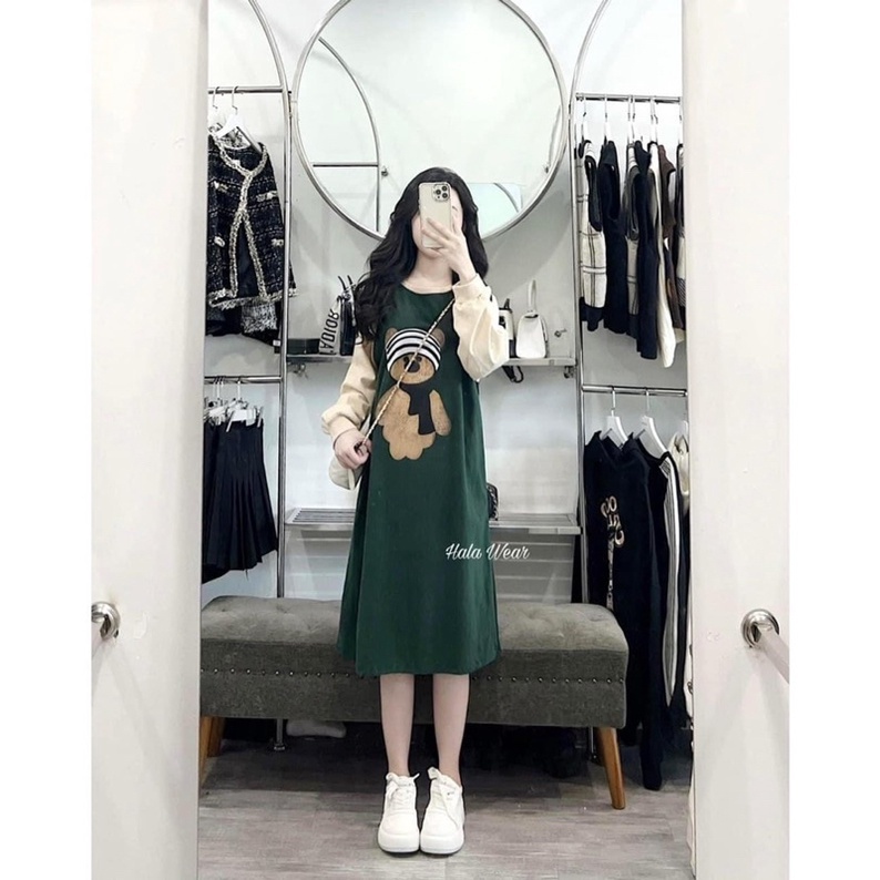 ( nhiều họa tiết ) Váy thun dài tay form rộng cổ tròn bigsize Đầm bầu dáng to oversize thu đông dáng dài T601G