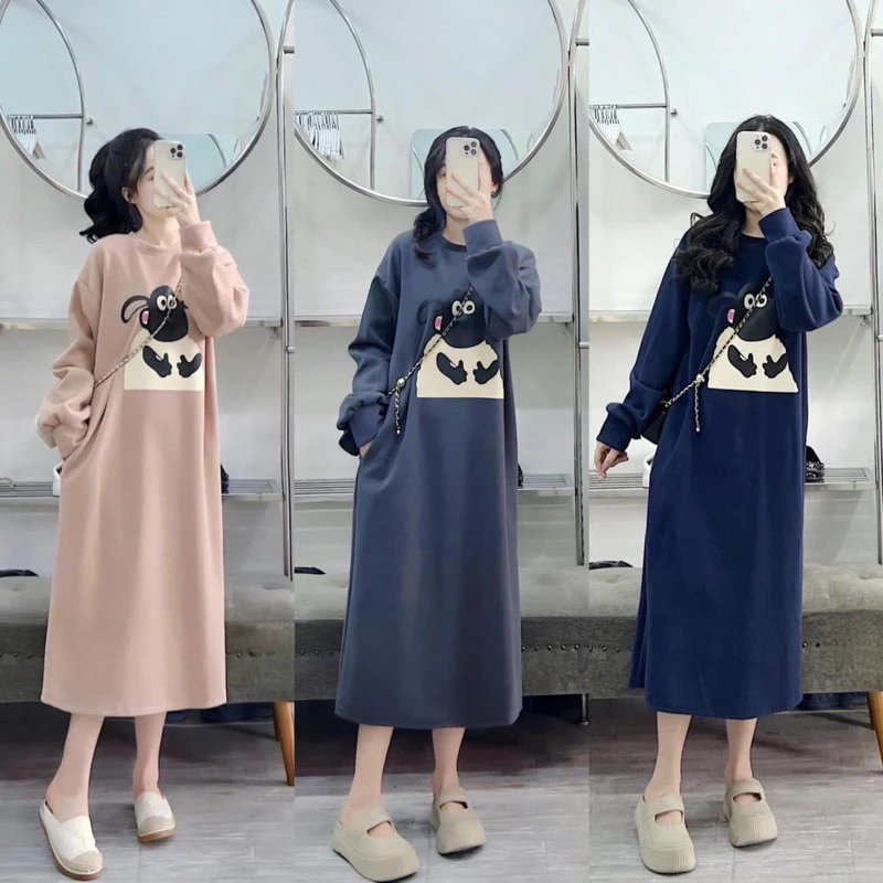 ( nhiều họa tiết ) Váy thun dài tay form rộng cổ tròn bigsize Đầm bầu dáng to oversize thu đông dáng dài T601G