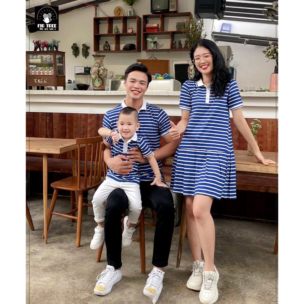 Set Đồ gia đình  Fig Tree Thun Polo sọc Xanh Bích Nhẹ Nhàng, Chất cotton mềm mịn, dày dặn, có size