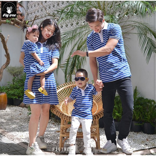 Set Đồ gia đình  Fig Tree Thun Polo sọc Xanh Bích Nhẹ Nhàng, Chất cotton mềm mịn, dày dặn, có size