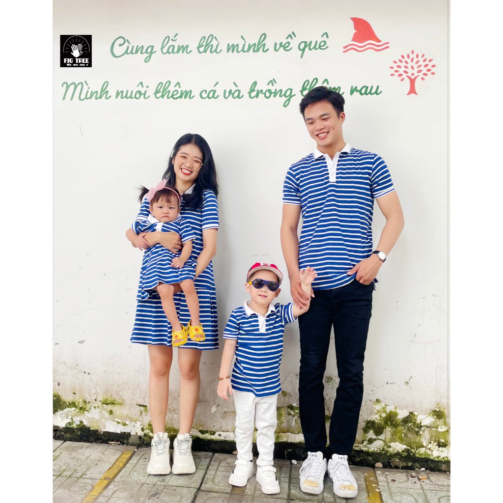 Set Đồ gia đình  Fig Tree Thun Polo sọc Xanh Bích Nhẹ Nhàng, Chất cotton mềm mịn, dày dặn, có size