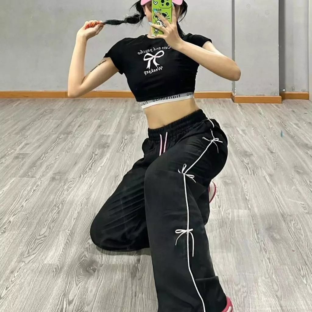 Quần dài ống rộng cạp chun đính nơ 1 sọc đen phối hồng Quần nữ ống suông chất da cá mặc nhà đi chơi thể thao cafe T765G