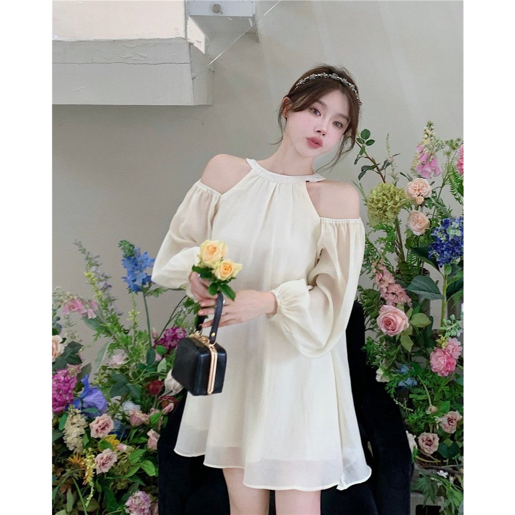Váy cổ yếm hở vai tay dài bồng thắt dây nơ sau lưng Đầm babydoll trễ vai form rộng chất voan 2 lớp T115G