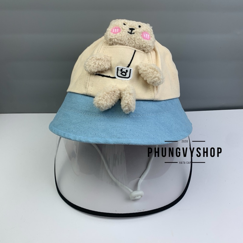 BÉ 2-5 Tuổi_Mũ chống giọt bắn chắn gió bụi mưa bucket tai bèo vành phungvyshop-nón / Bo "KIẾNG" GẤU BÔNG VÁ VÀNH/