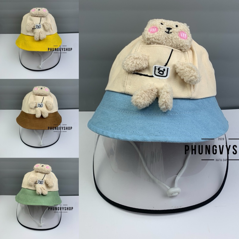 BÉ 2-5 Tuổi_Mũ chống giọt bắn chắn gió bụi mưa bucket tai bèo vành phungvyshop-nón / Bo "KIẾNG" GẤU BÔNG VÁ VÀNH/