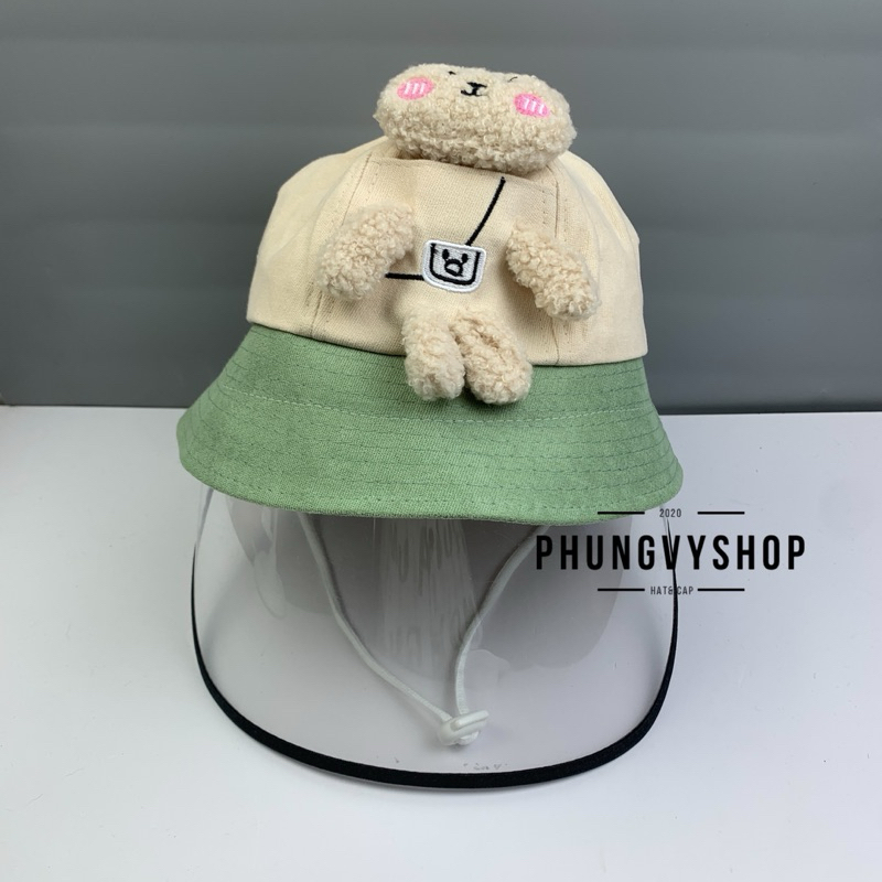BÉ 2-5 Tuổi_Mũ chống giọt bắn chắn gió bụi mưa bucket tai bèo vành phungvyshop-nón / Bo "KIẾNG" GẤU BÔNG VÁ VÀNH/