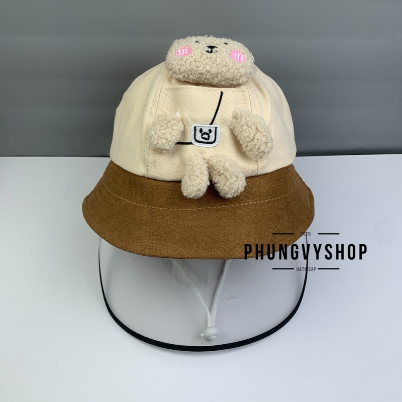 BÉ 2-5 Tuổi_Mũ chống giọt bắn chắn gió bụi mưa bucket tai bèo vành phungvyshop-nón / Bo "KIẾNG" GẤU BÔNG VÁ VÀNH/
