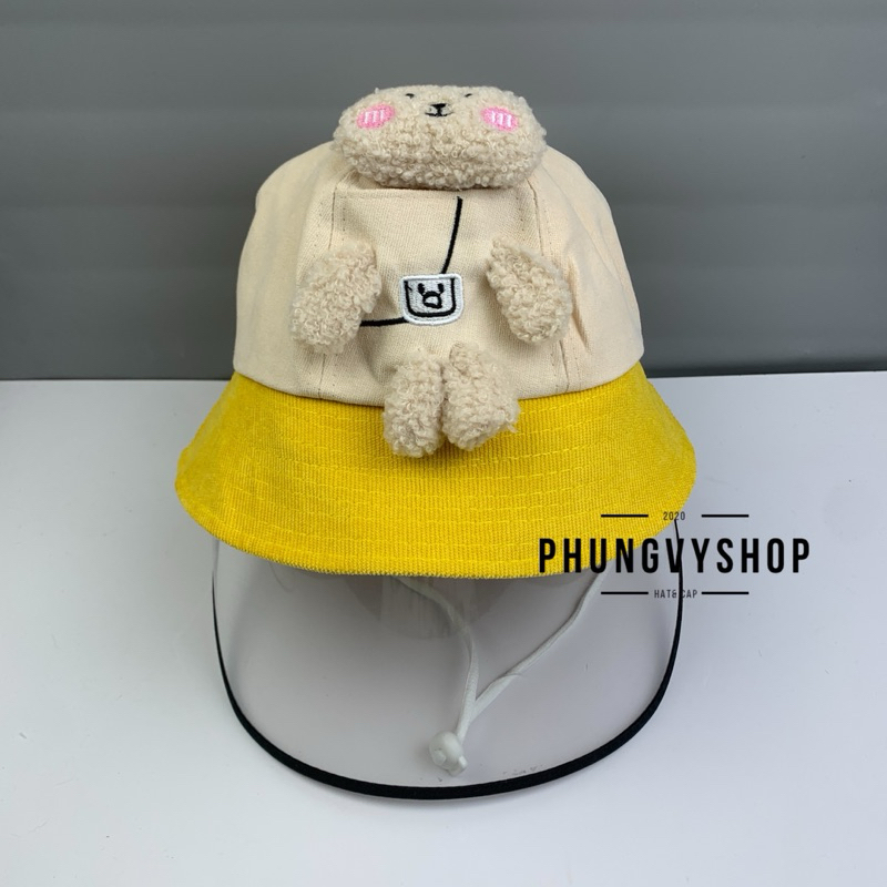 BÉ 2-5 Tuổi_Mũ chống giọt bắn chắn gió bụi mưa bucket tai bèo vành phungvyshop-nón / Bo "KIẾNG" GẤU BÔNG VÁ VÀNH/