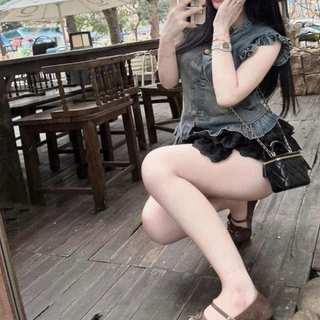 Set Bộ Nữ, Áo Bò Sát Nách Tay Bèo Viền Mix Chân Váy Xếp Tầng Kèm Quần Bảo Hộ
