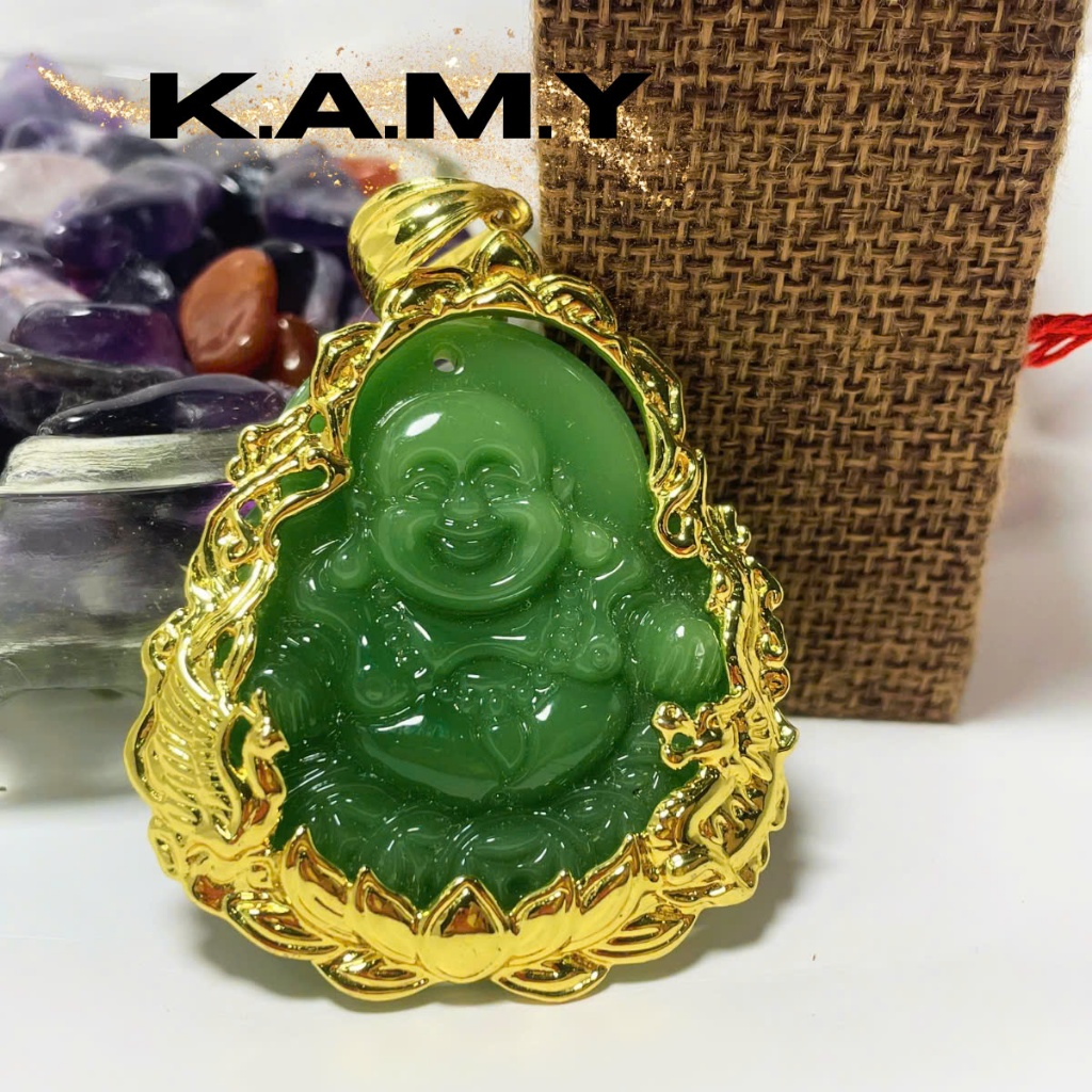 Mặt Dây Chuyền Phật Di Lạc Cười Bằng Đá Xanh Phong Thủy Họa Tiết Rồng - Trang Sức KAMY