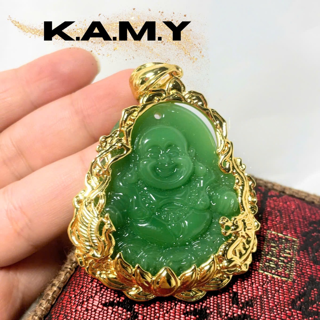 Mặt Dây Chuyền Phật Di Lạc Cười Bằng Đá Xanh Phong Thủy Họa Tiết Rồng - Trang Sức KAMY