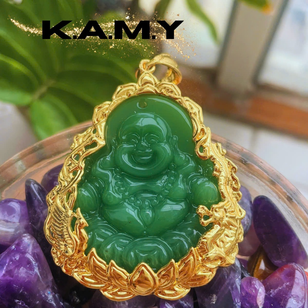 Mặt Dây Chuyền Phật Di Lạc Cười Bằng Đá Xanh Phong Thủy Họa Tiết Rồng - Trang Sức KAMY