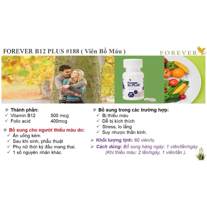 VIÊN BỔ MÁU- FOREVER B12 PLUS 188Flp. Hỗ Trợ Giảm Mệt Mỏi, Bổ Máu, Sản Sinh Tế Bào Hồng Cầu. 60v/lọ