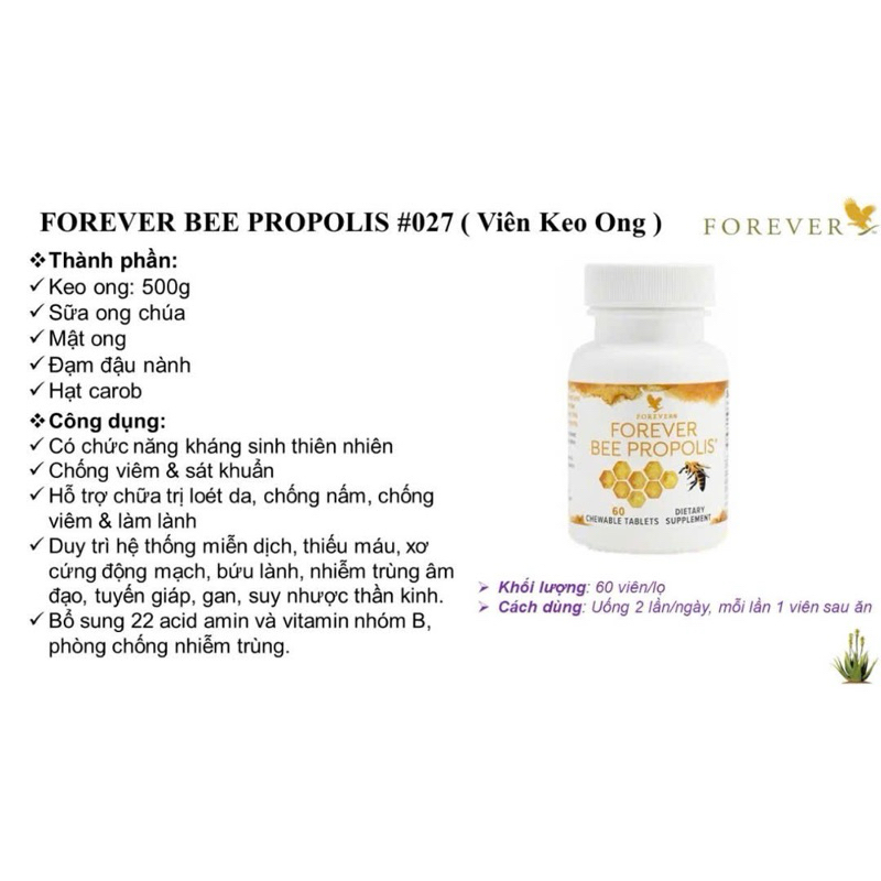 VIÊN KEO ONG – Forever Bee Propolis 027Flp. Hỗ Trợ Sức Đề Kháng, Viêm Họng, Đường Hô Hấp. 60v/lọ